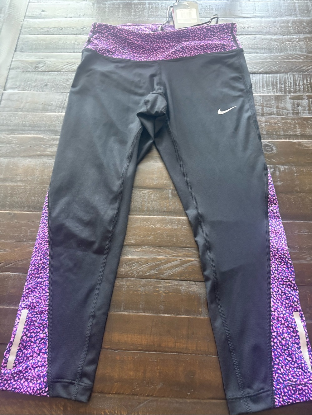 Nike Black Leggings with Purple Patterned Waistband & Side Panels